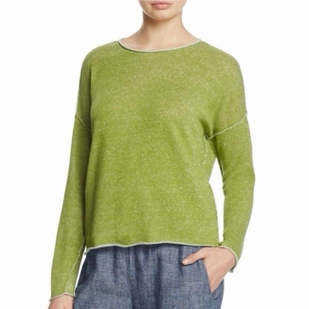 Eileen Fisher Womens L Organic Linen Reverse Seam Crew Neck Pullover Green Boho